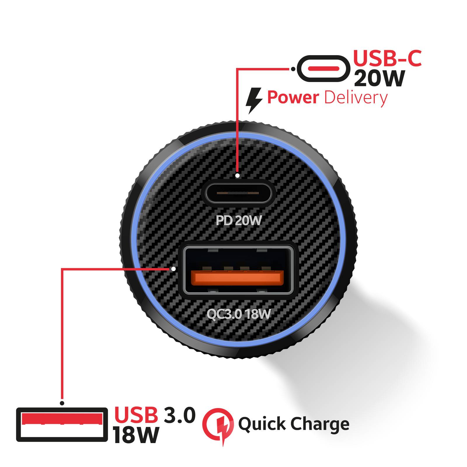 Chargeur Voiture USB-C 20W / USB-A QC 3.0 18W avec Câble USB-C 60W-2