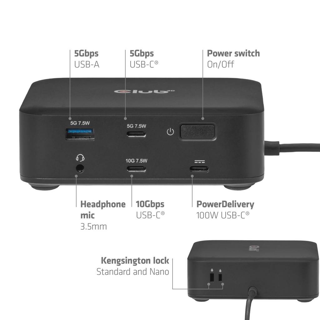 CLUB3D CSV-2542, Station d'accueil, USB 3.2 Gen 2 (3.1 Gen 2) Type-C, 100 W, 3,5 mm, 10,100,1000,2500 Mbit/s, Noir-1