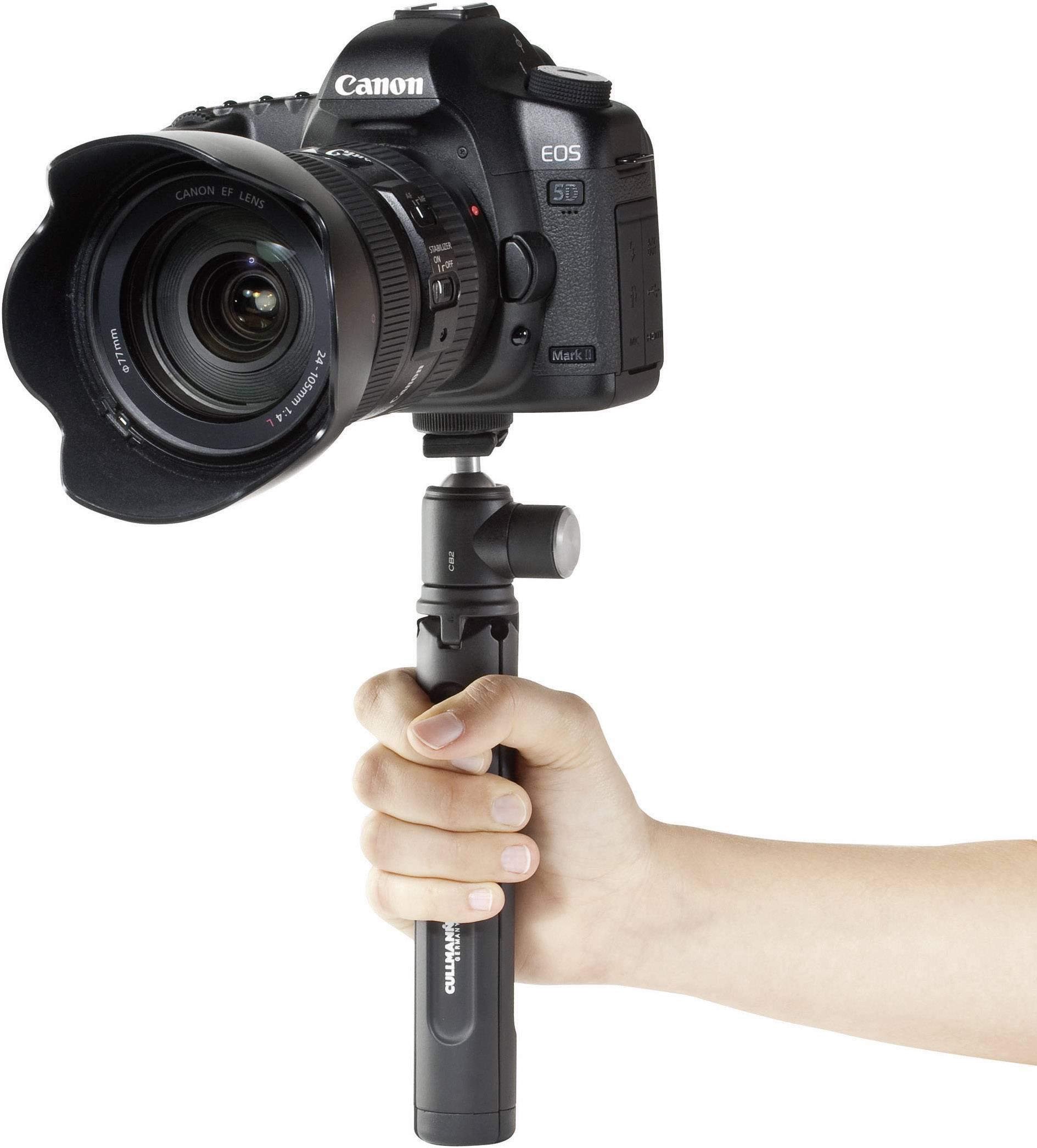 Une main tient un appareil photo professionnel sur une poignée stable, prêt à photographier.