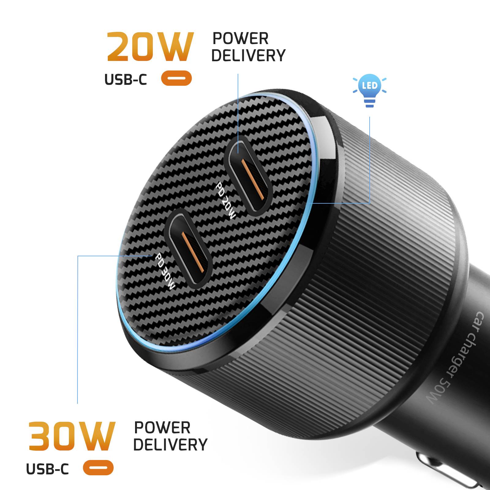 Chargeur Voiture 2x USB-C Power Delivery 20W et 30W avec Câble USB-C-2