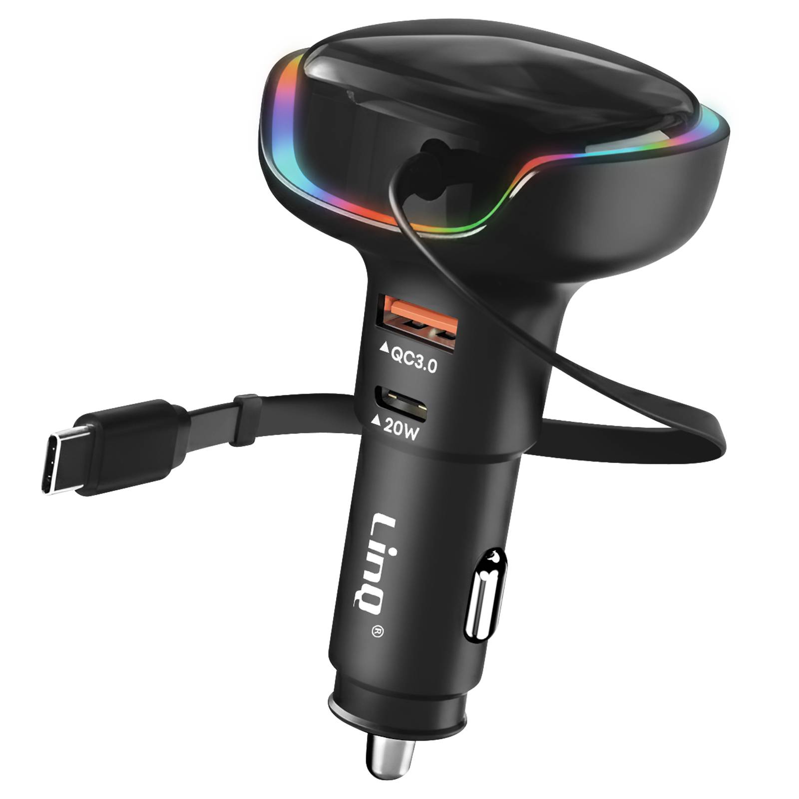 Chargeur Voiture USB-C 20W et USB QC 3.0 avec Anneau LED et Câble Type-C 30W-0
