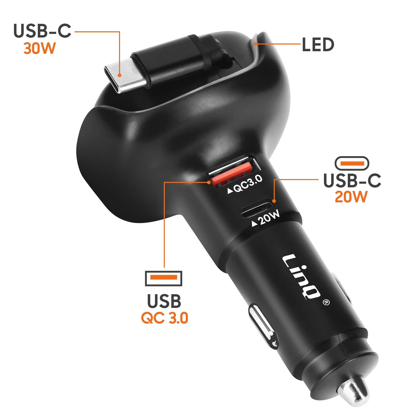 Chargeur Voiture USB-C 20W et USB QC 3.0 avec Anneau LED et Câble Type-C 30W-2