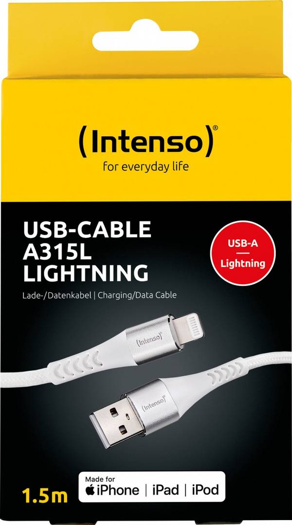 Câble USB Intenso « A315L » – USB-A vers Lightning, 1,5 m, blanc (emballage blister pour la vente au détail)