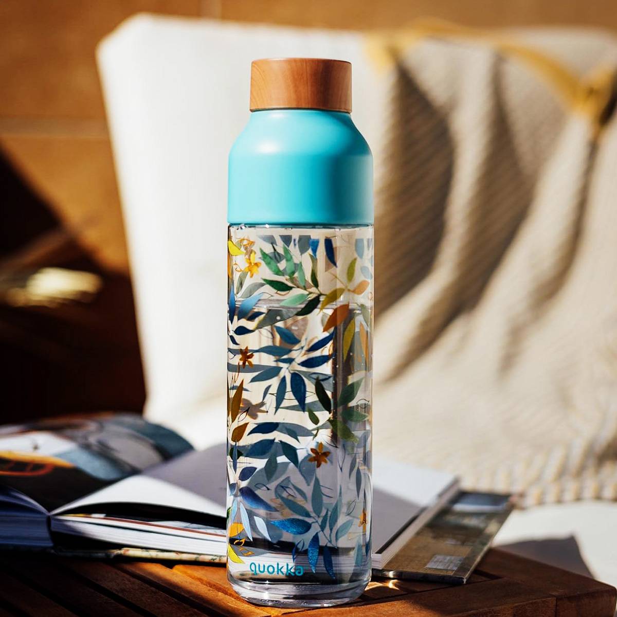 Bouteille d’Eau Ice 840ml avec Bouchon Bois et Motif Feuilles à l’Aquarelle-2