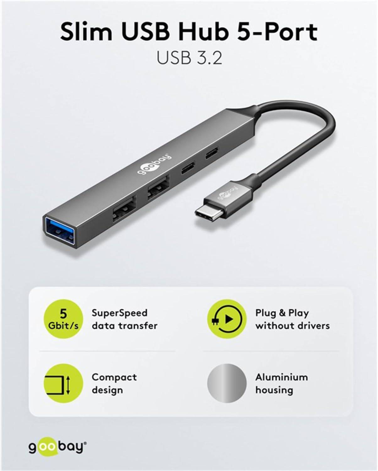 Hub USB 5 ports Goobay Slim, USB-C™ vers USB-C™/USB-A, USB 3.2 - prise USB-C™ (USB 3.2) > 1x prise USB-C™ (USB 2.0),...-1