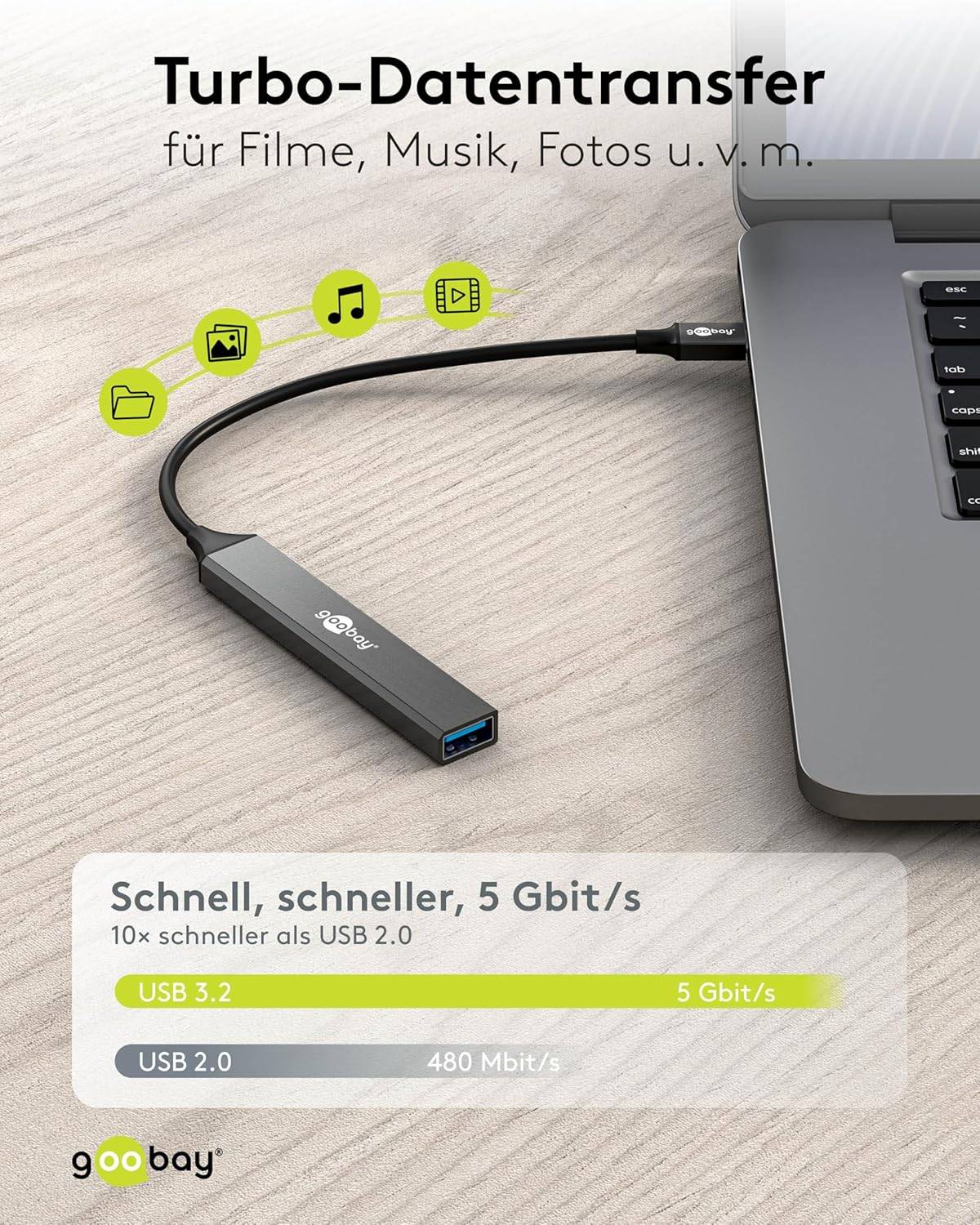 Hub USB 4 ports Goobay Slim, USB-C™ vers USB-A, USB 3.2 - Connecteur USB-C™ (USB 3.2) > 1x prise USB-A (USB 3.2), 3x...-4