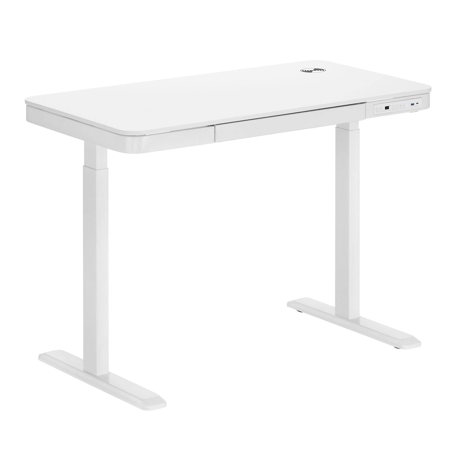 Bureau motorisé assis-debout 118x60cm avec tiroir et chargeur sans fil, Plateau Blanc/Pied Blanc-0
