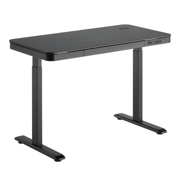 Bureau motorisé assis-debout 118x60cm avec tiroir et chargeur sans fil, Plateau Noir/Pied Noir