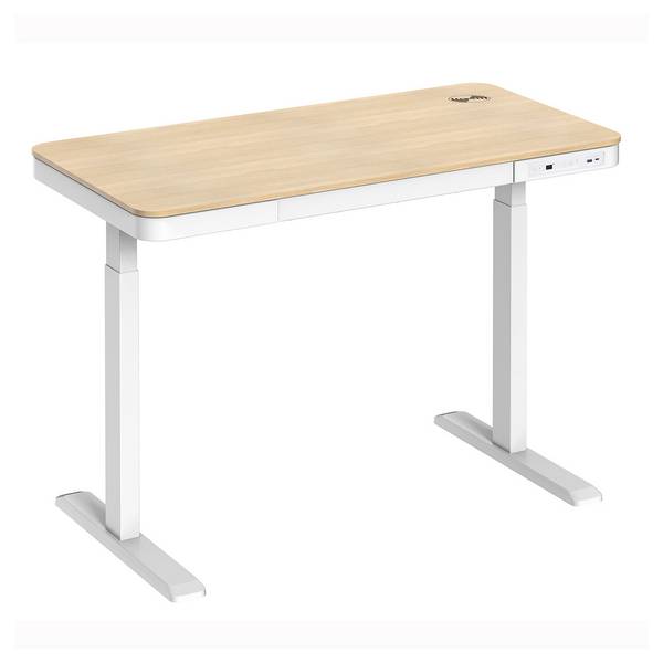 Bureau motorisé assis-debout 118x60cm avec tiroir et chargeur sans fil, Plateau Bois/Pied Blanc