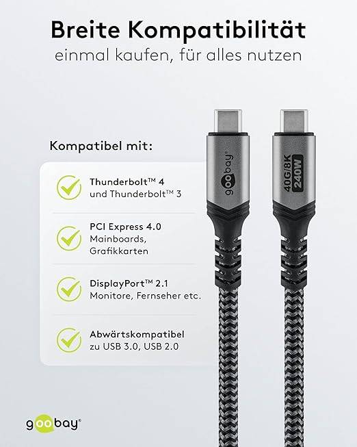 Câble USB-C™ 4.0, USB4™, noir ; argent 240 W, 5 A, 40 Gbit/s, Power Delivery, gaine textile 0,5 Meter-5