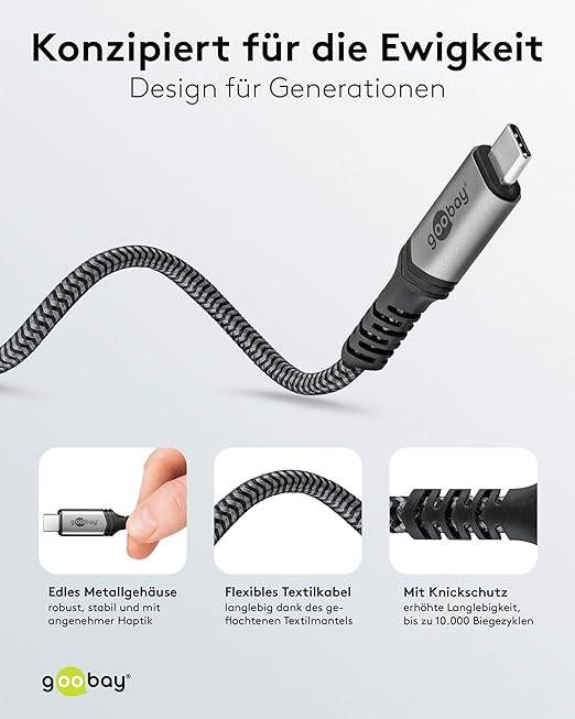 Câble USB-C™ 4.0, USB4™, noir ; argent 240 W, 5 A, 40 Gbit/s, Power Delivery, gaine textile 0,5 Meter-1