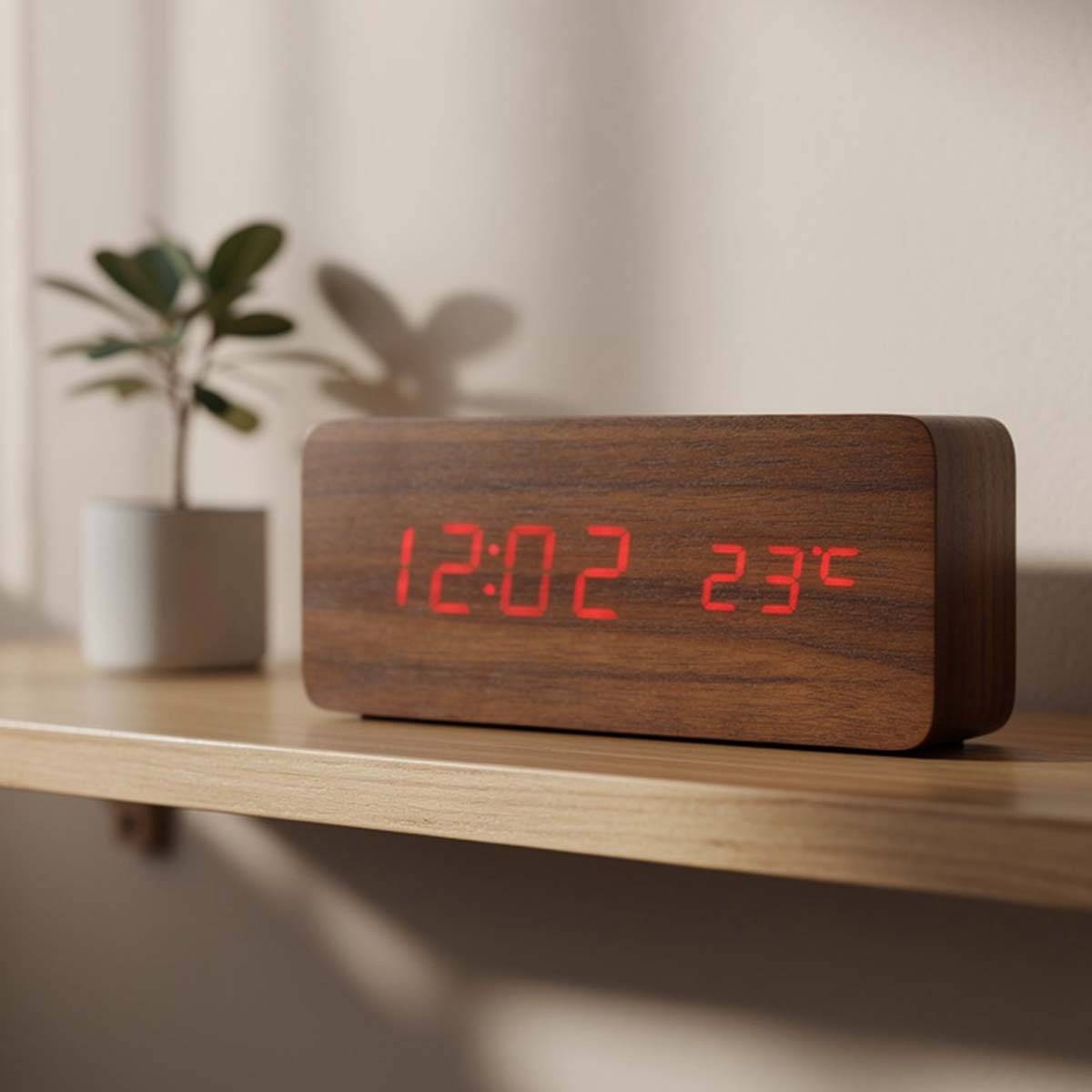 Horloge LED Lumineux avec Affichage Date / Heure / Température Design Bois-2