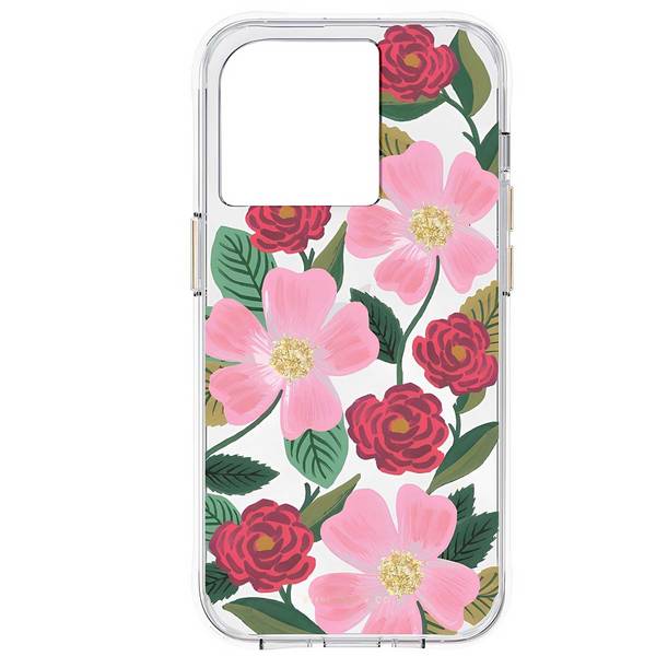 Coque pour iPhone 14 Pro Motif Floral Roseraie aux Détails Dorés Antimicrobienne