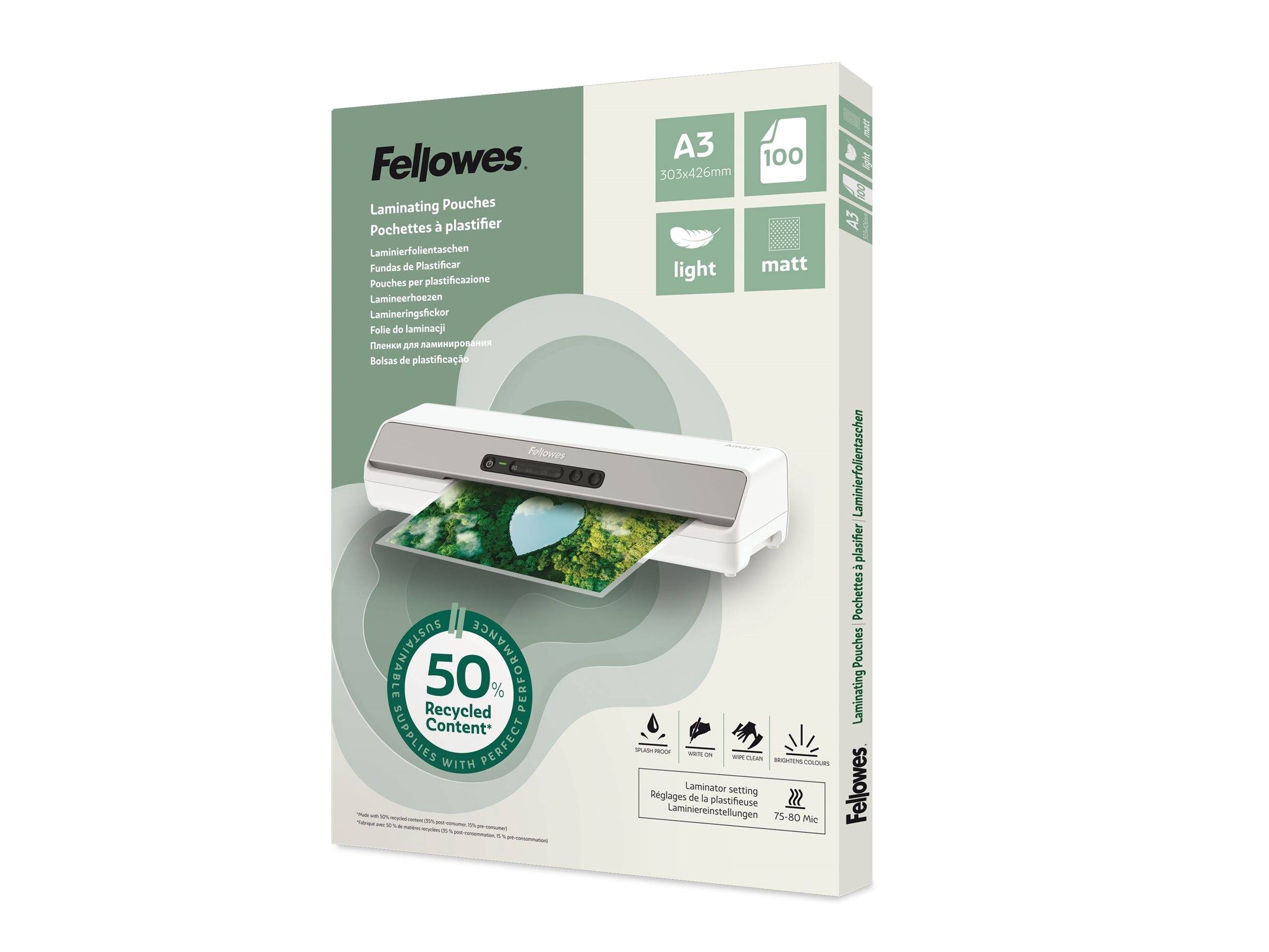 FELLOWES Pochettes de plastification A3 avec 50 pourcentage de contenu recyclé - usage léger mate lot de 100-0