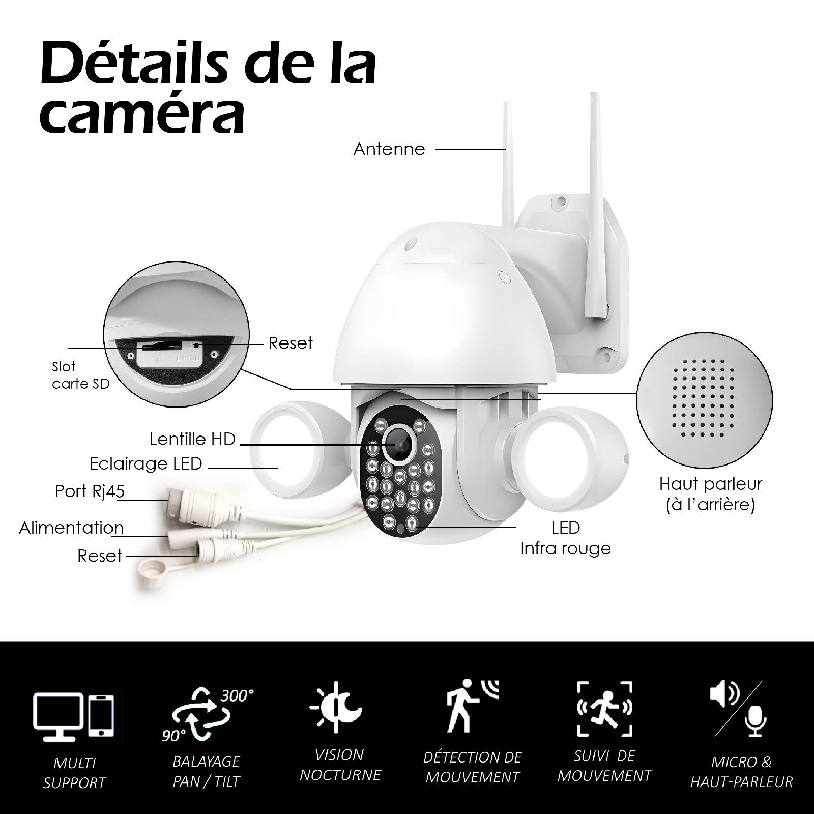 Caméra extérieure connectée Wifi Rotative 5MP 2 phares LED-3