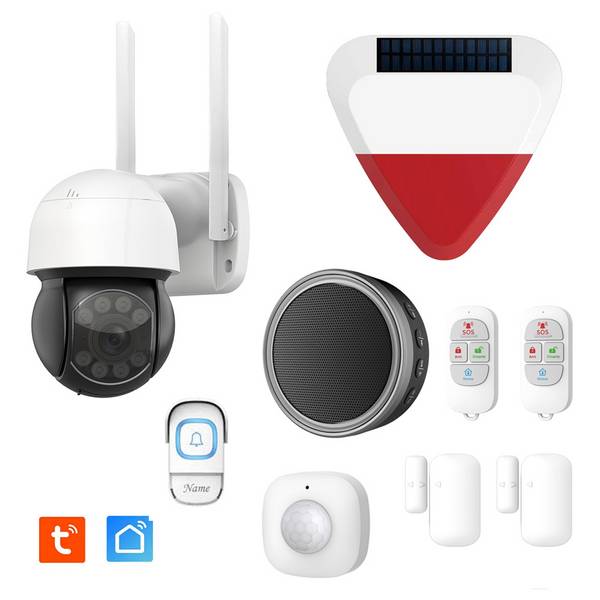 Kit complet d’alarme connectée étendue avec sirène extérieure solaire et caméra IP rotative 6 MP