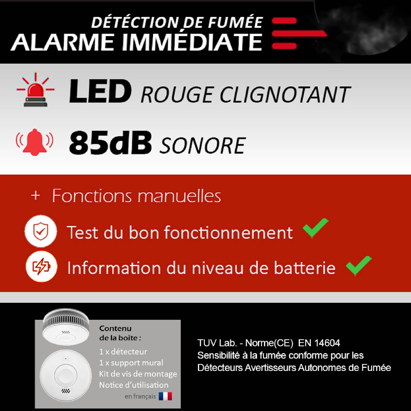 Image du symbole pour Détecteur de fumée connecté WIFI – CE EN14604 – Pile 10 ans scellée