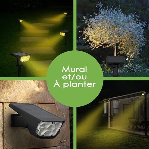 Projecteur Paysagiste Solaire Extérieur – Lot de 2 – Haute luminosité – Mural et sur Piquet – Blanc 6000K-1