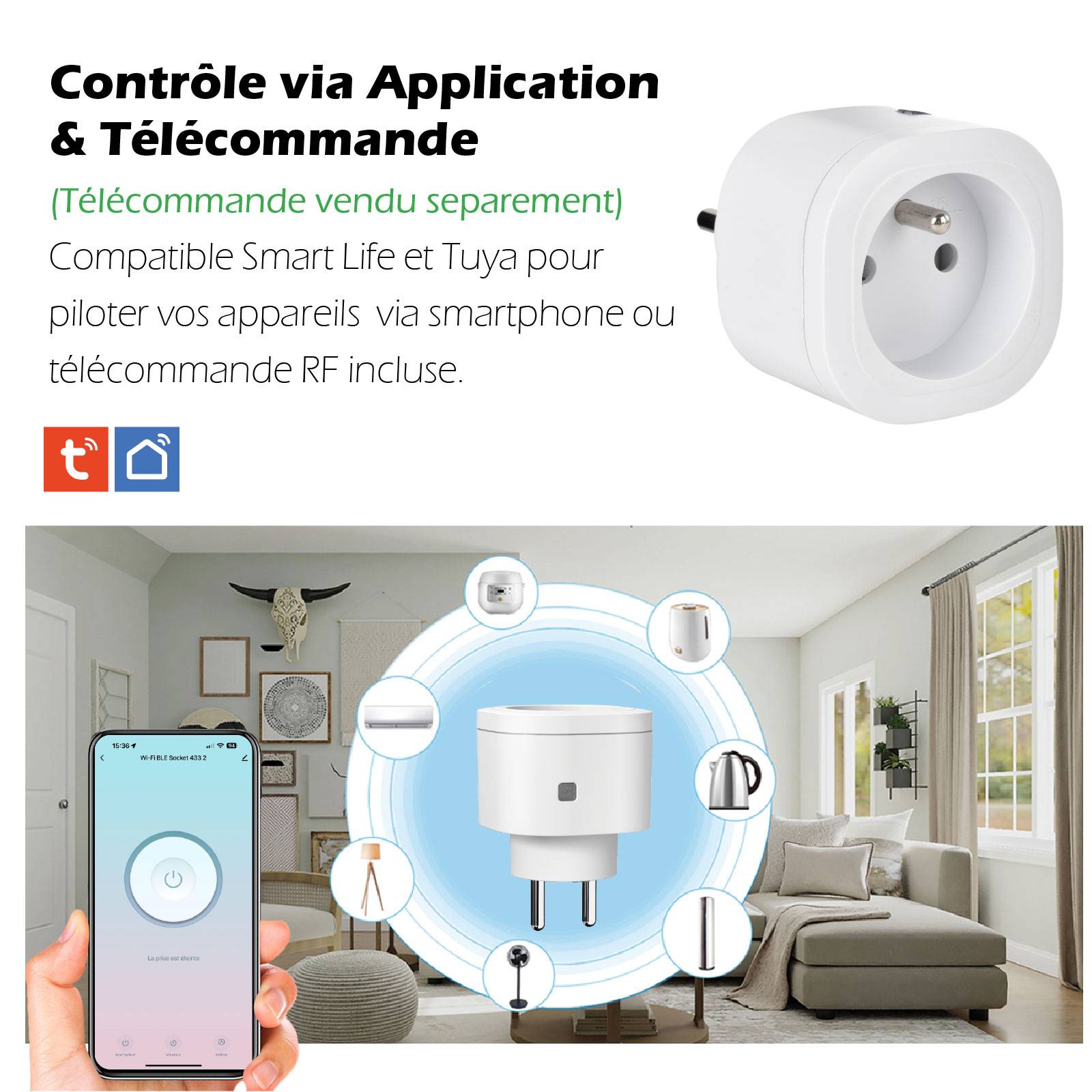 Lot de 2 Prises intérieures 3680W connectées (Wifi + Radio fréquence)-3