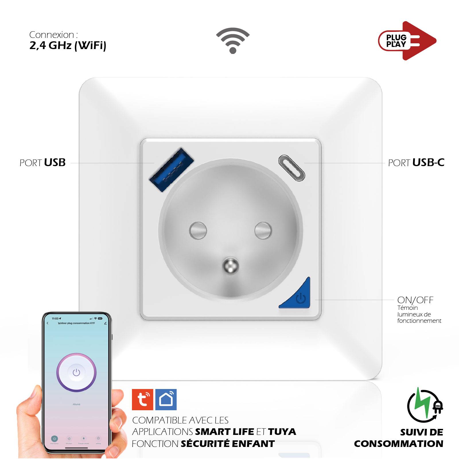 Prise intérieure encastrée 3000W & Ports USB-A + USB-C (20 W) connectée Wifi-1