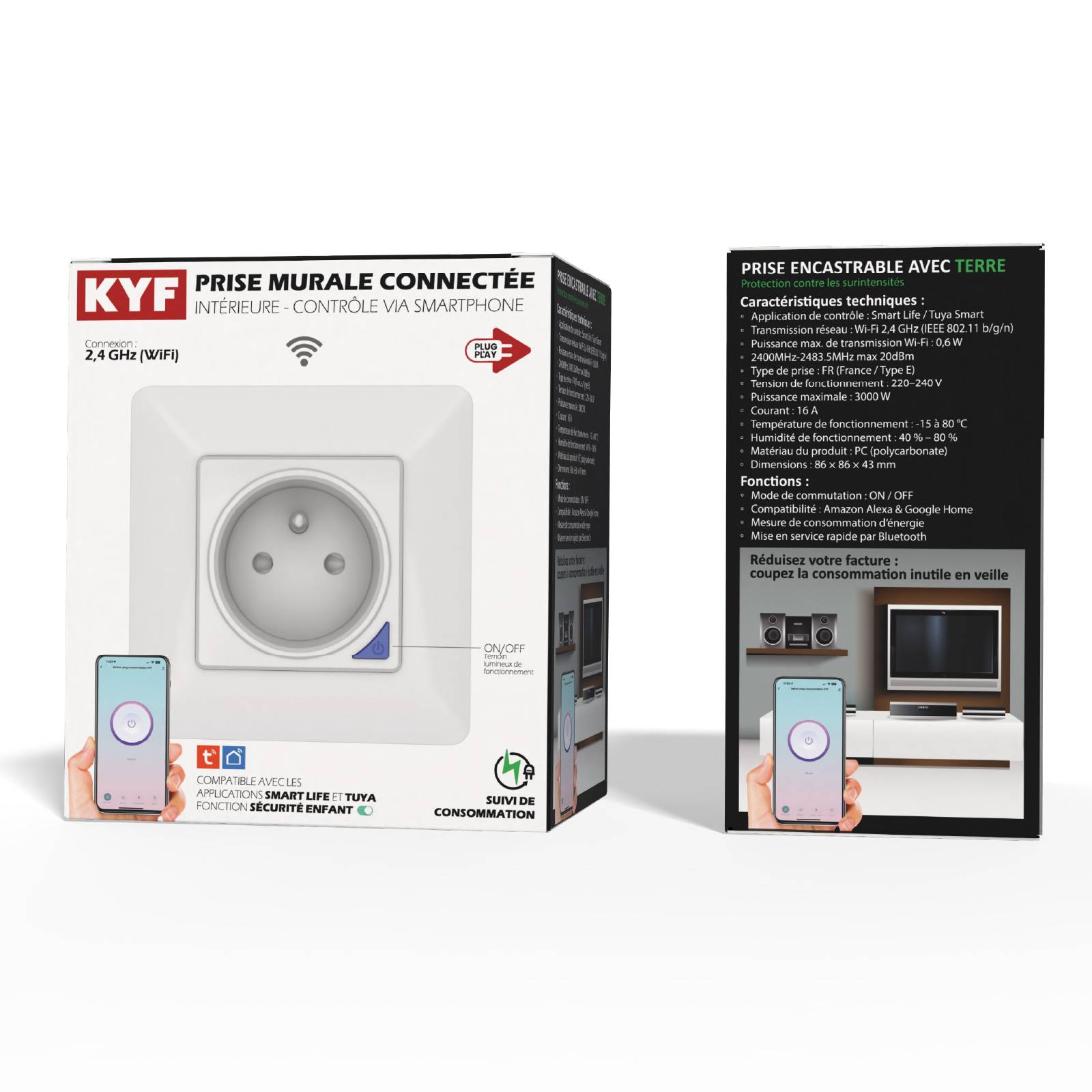 Prise intérieure encastrée 3000W & Ports USB-A + USB-C (20 W) connectée Wifi-3
