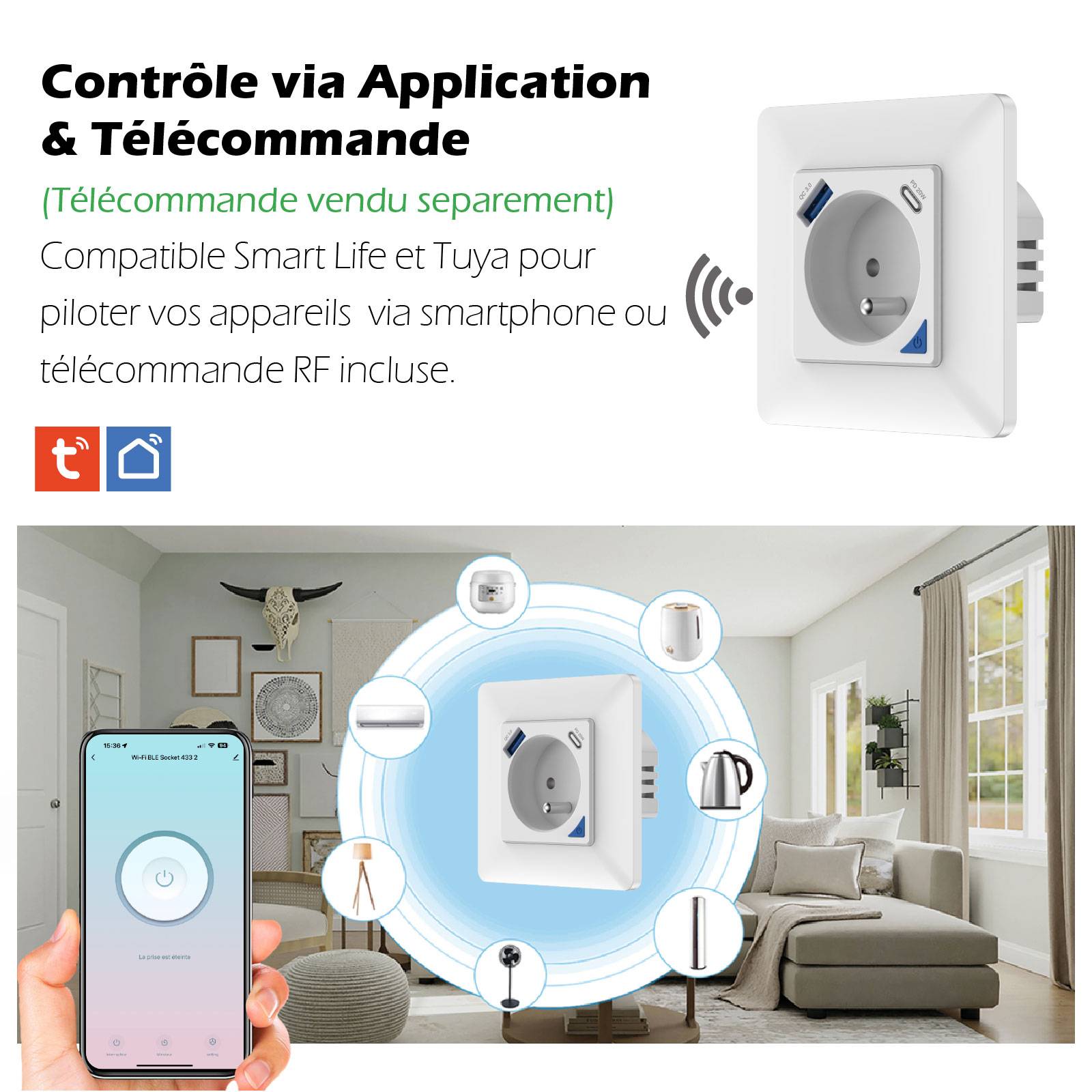 Prise intérieure encastrée 3000W & Ports USB-A + USB-C (20 W) connectée Wifi-4