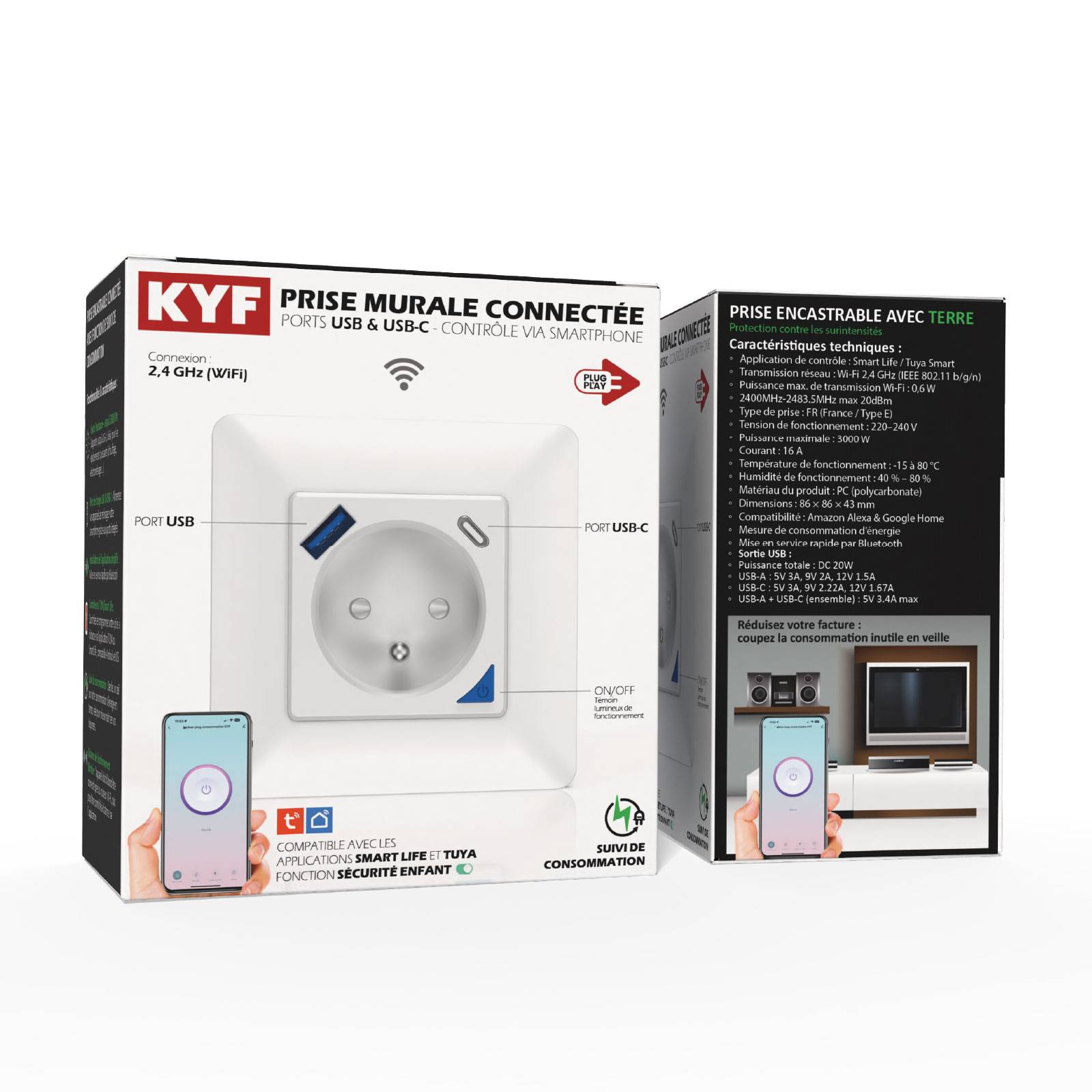 Image du symbole pour Prise intérieure encastrée 3000W & Ports USB-A + USB-C (20 W) connectée Wifi