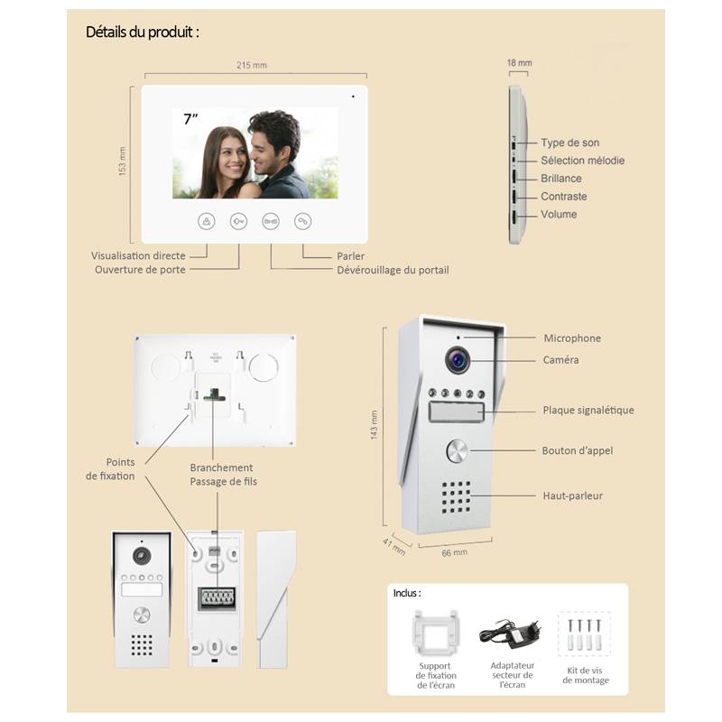 Portier Vidéo filaire connecté Wifi avec Ecran tactile 7 » – 2 fils-1
