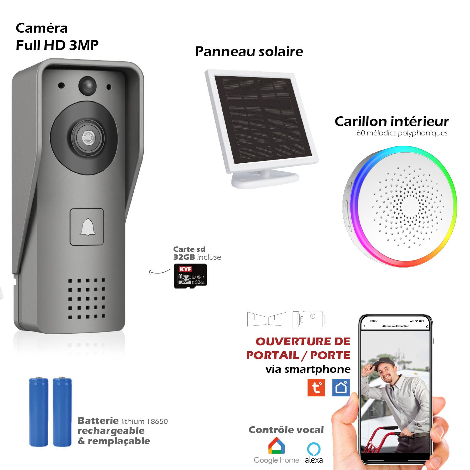 Portier Vidéo Solaire connecté Wifi avec Carillon intérieur 60 mélodies-1