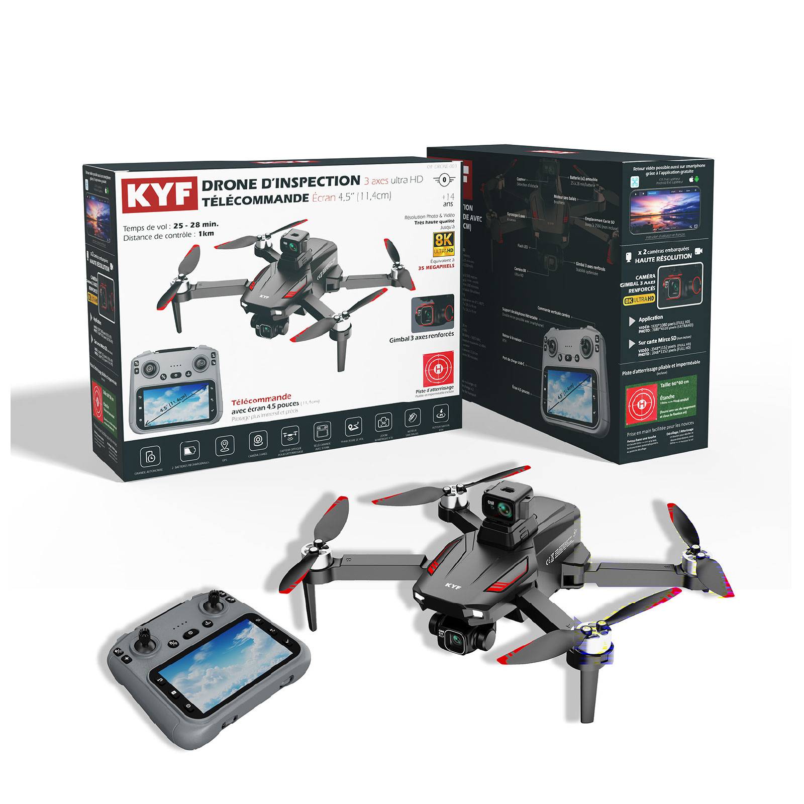Drone Caméra Gimbal 3 axes Capteur 360° 8K HD Avec Télécommande écran 4,5’’-5