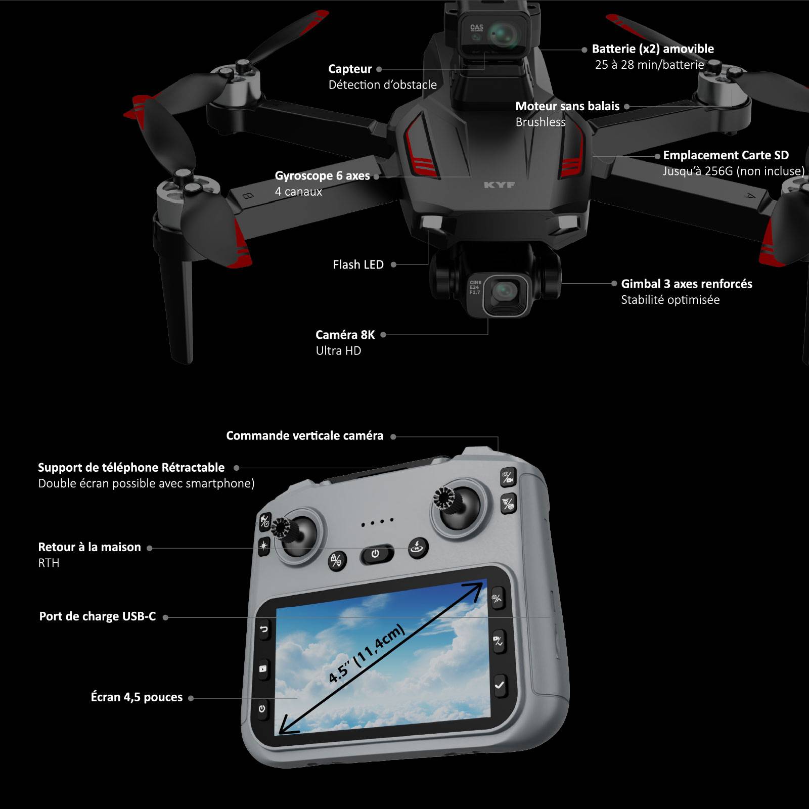 Drone Caméra Gimbal 3 axes Capteur 360° 8K HD Avec Télécommande écran 4,5’’-2