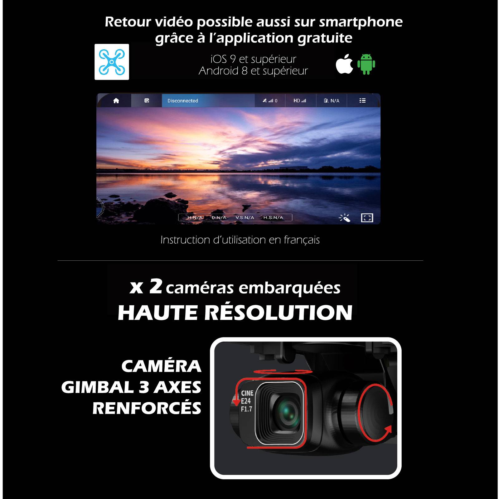 Drone Caméra Gimbal 3 axes Capteur 360° 8K HD Avec Télécommande écran 4,5’’-3