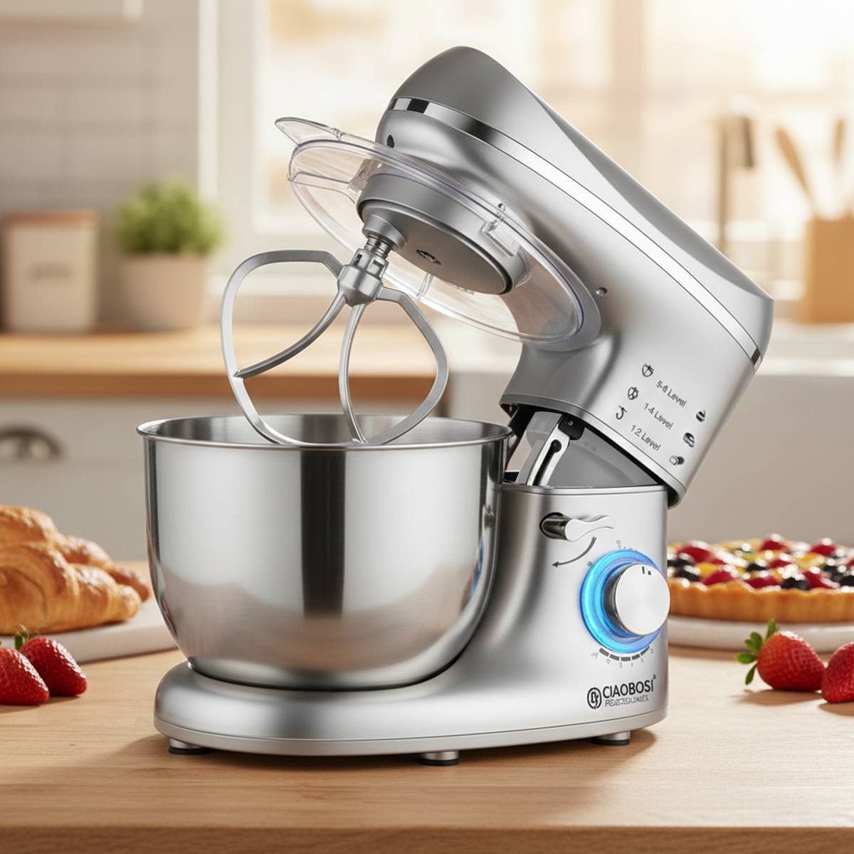 Robot Pâtissier 5,5L 1400W 6 Vitesses avec Bol en Inox et Couvercle-2