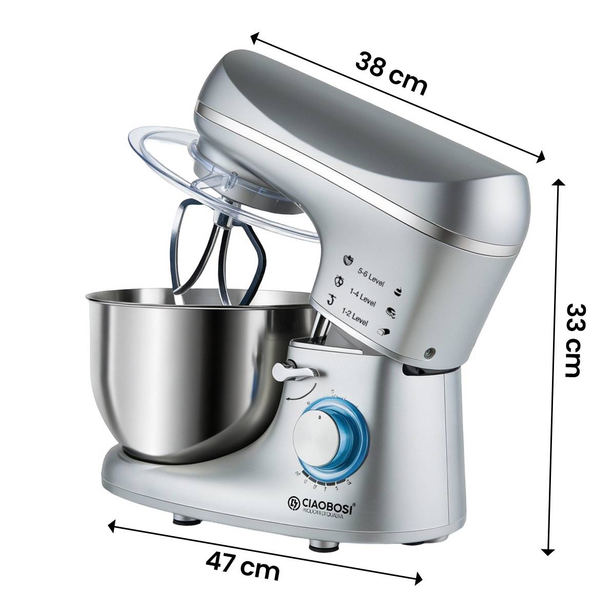 Robot Pâtissier 5,5L 1400W 6 Vitesses avec Bol en Inox et Couvercle-3