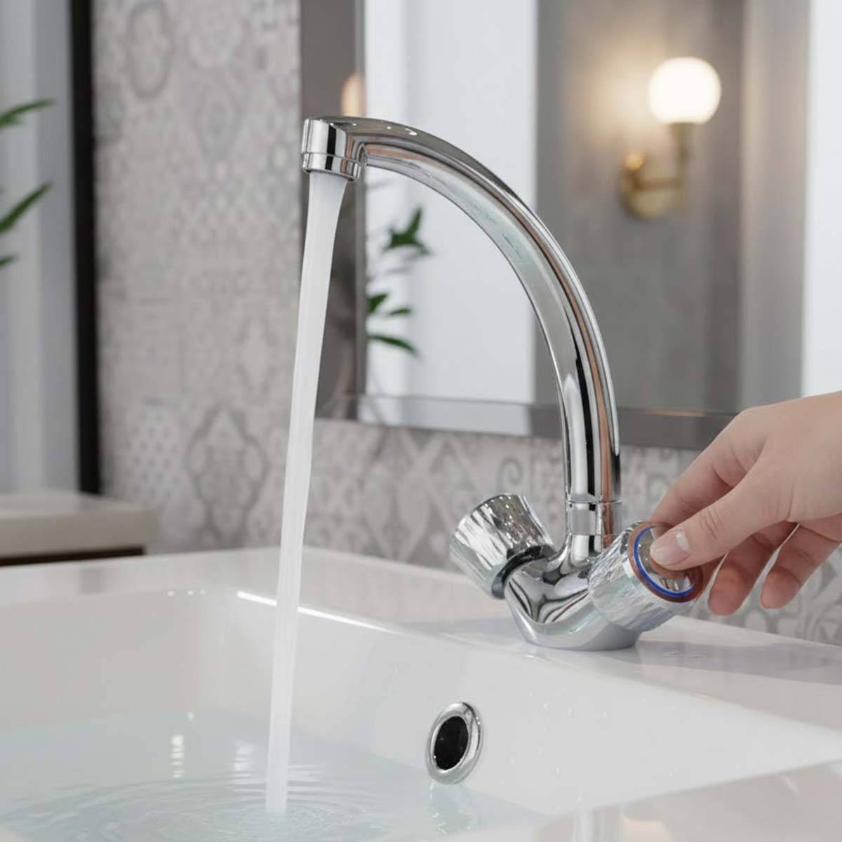 Robinet de Lavabo Double Commande Chromé Bec Haut Courbé Eau Chaude et Froide-2