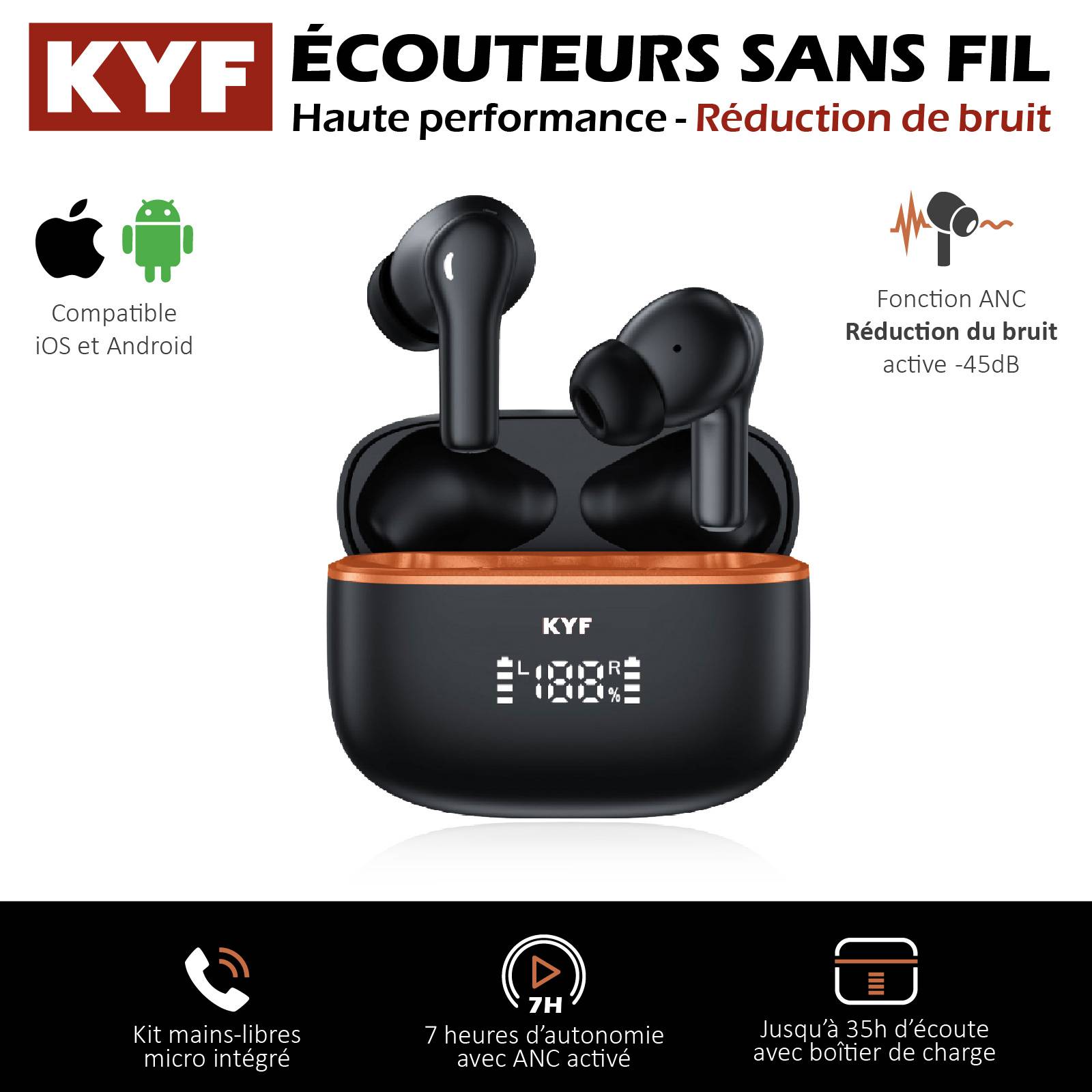 Image du symbole pour Écouteurs Bluetooth réduction bruit ANC -45dB, ENC -40dB et boitier de charge