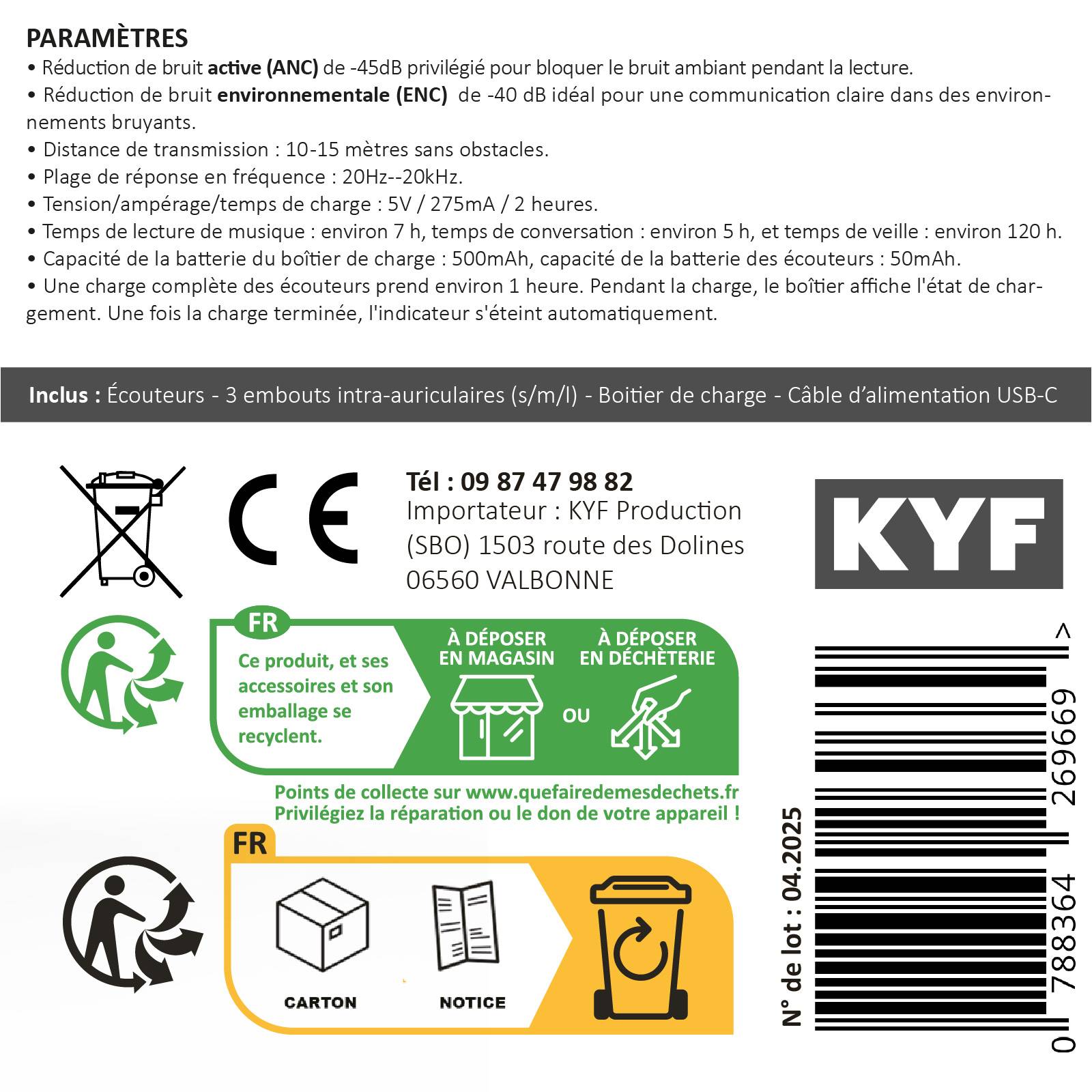 Image du symbole pour Écouteurs Bluetooth réduction bruit ANC -45dB, ENC -40dB et boitier de charge