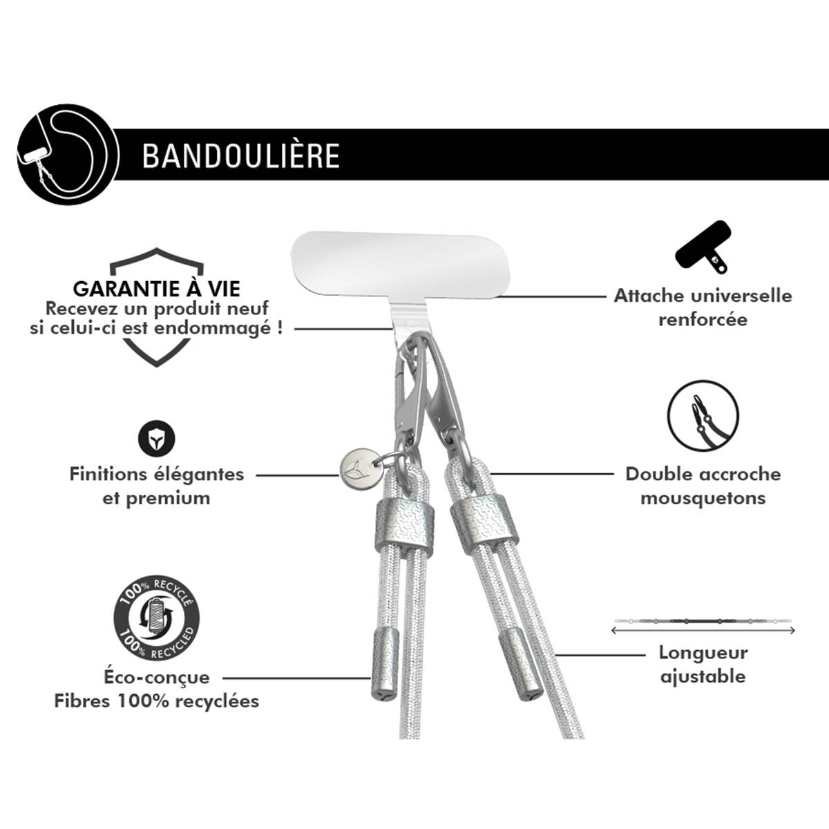 Bandoulière Téléphone Universelle Paillettes avec Mousqueton-0