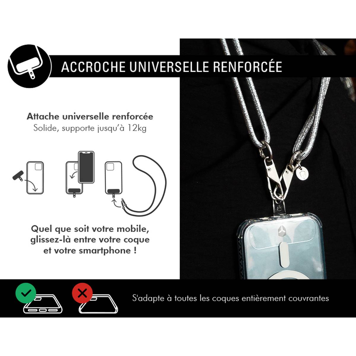 Bandoulière Téléphone Universelle Paillettes avec Mousqueton-2