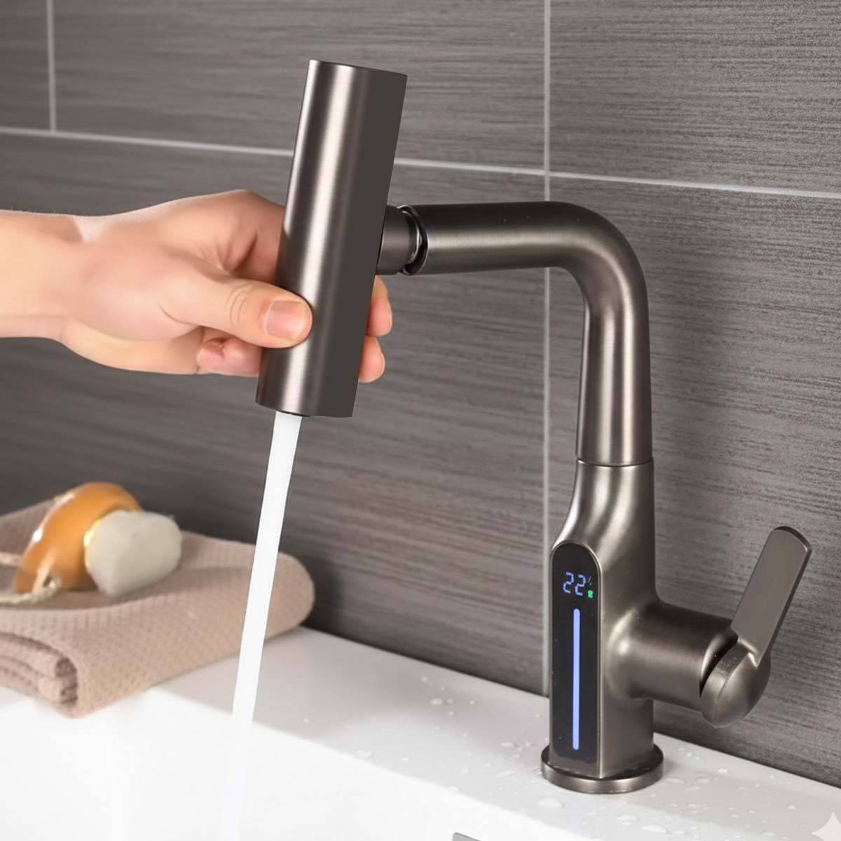 Robinet de Lavabo Extensible avec Affichage de Température LED Finition Métal-2