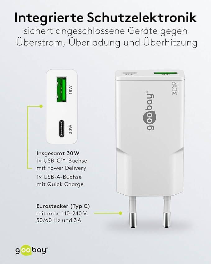 Chargeur rapide USB-C Slim, 1 port USB-C Power Delivery, 1 port USB-A Quick Charge, GaN, 30 watts Weiß-5