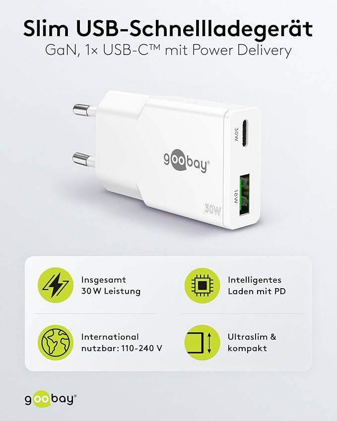 Chargeur rapide USB-C Slim, 1 port USB-C Power Delivery, 1 port USB-A Quick Charge, GaN, 30 watts Weiß-1