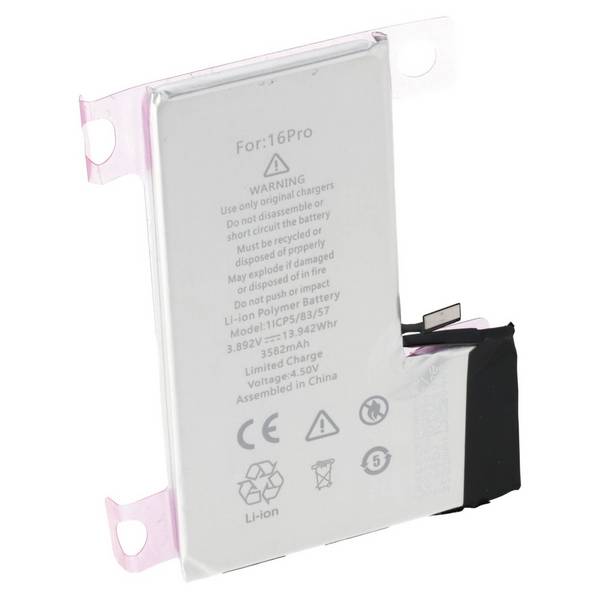 Batterie compatible avec l'iPhone 16 Pro d'Apple, lithium-polymère, 3,89 V, 3 582 mAh, 13,94 Wh