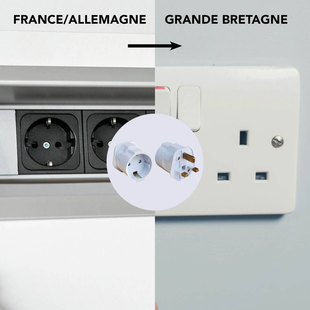 Adaptateur de voyage prise Anglaise vers prise France/Allemagne, 250V - Tibelec-3