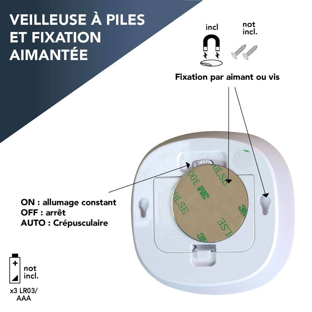 Veilleuse LED à piles, 0.5W, 25 lumens, 3000K, détecteur de mouvement, crépusculaire, fixation aimantée- Tibelec-3