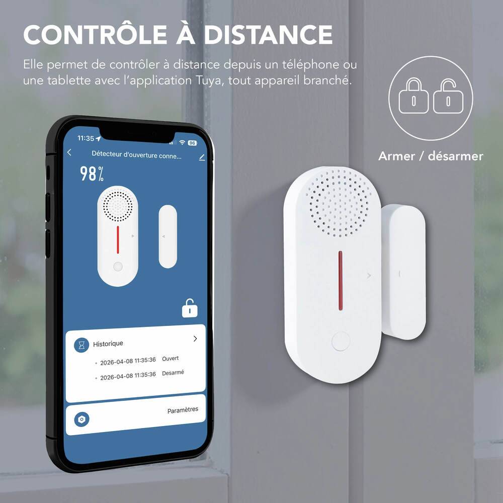 Contacteur d'alarme autonomme connecté, pour ouverture portes et fenetres, 100dB, garantie 3 ans - Tibelec-1