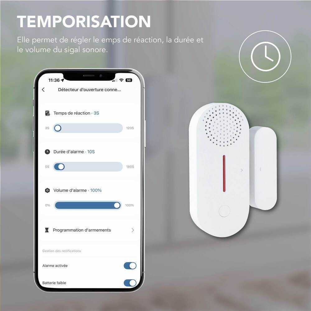 Contacteur d'alarme autonomme connecté, pour ouverture portes et fenetres, 100dB, garantie 3 ans - Tibelec-2