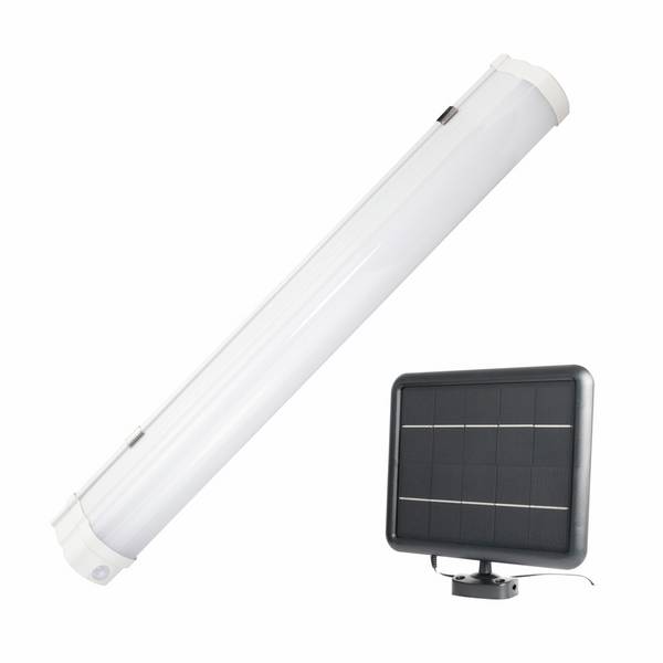 Réglette solaire LED long. 60cm, 5W, 850 lm, IP65, 4000K, batterie remplaçable, crépusculaire, garantie 3 ans - Tibelec