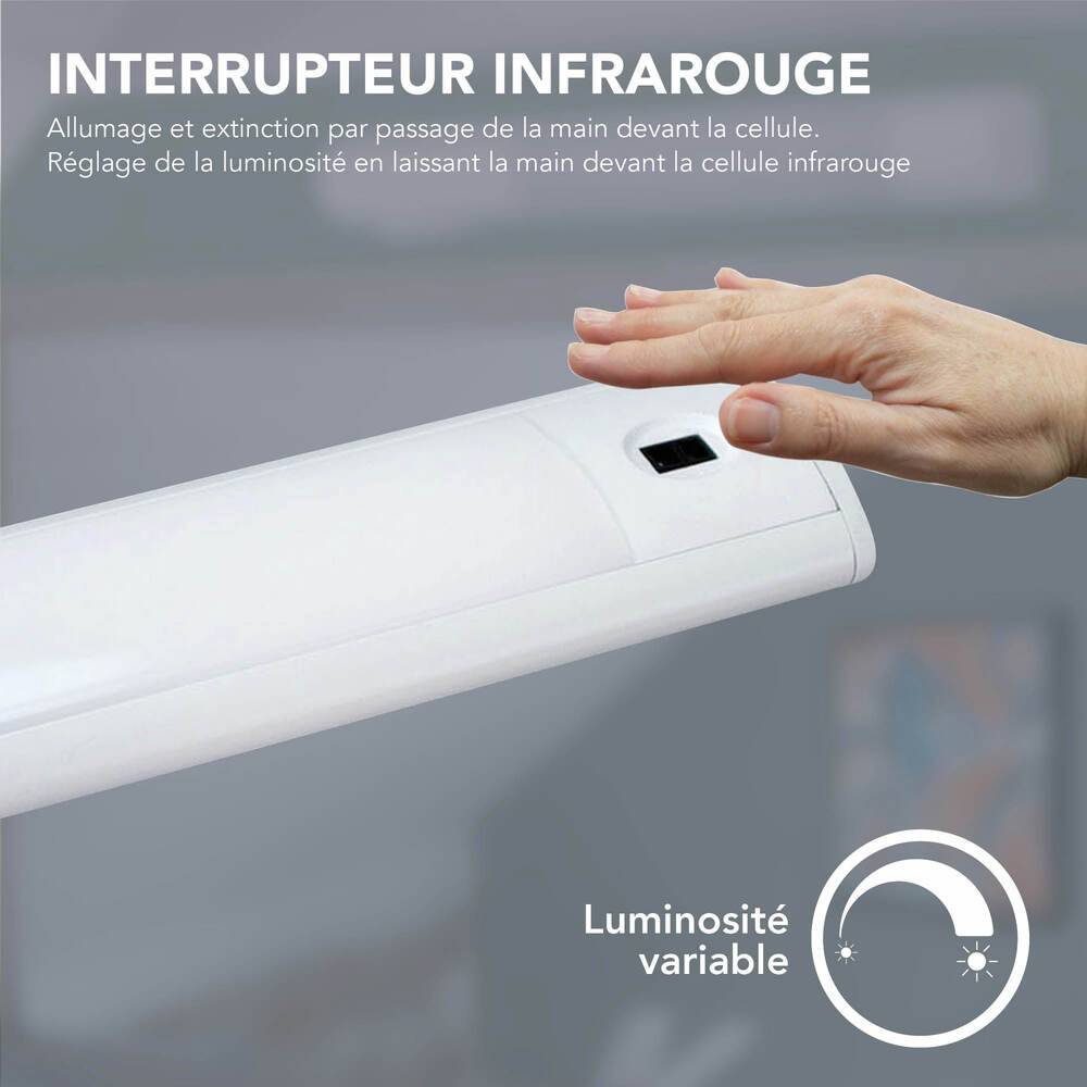 Réglette LED Blanc 44cm, 3W, 320 lm, 3000K, inter. infrarouge, batterie recheargable, intensité variable - Tibelec-1