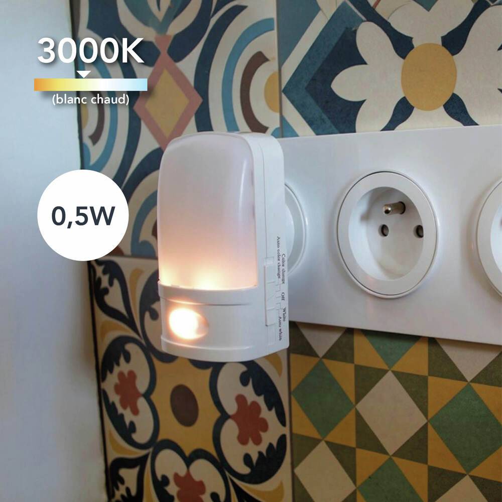 Veilleuse LED 0.5W, 6 lumens, 3000K blanc-chaud ou couleurs changeantes, crépusculaire - Tibelec-1